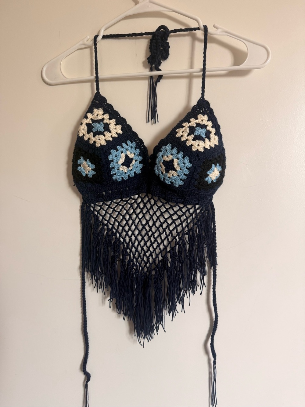 Handmade Navy Crochet Fringe Bralette with Blue & Cream Accents